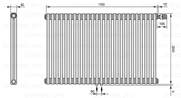 Схема (чертеж) Радиатор Zehnder Charleston 2200/25 №V008 Белый глянцевый RAL 9016